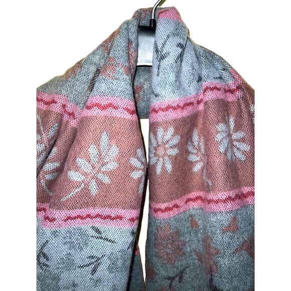 Italian Blanket SCARF Dennis Basso QVC Floral Stripe Gray Pink Mauve Fringe NEW - Picture 1 of 6